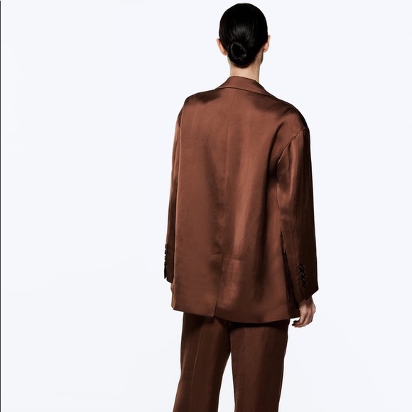 Zara Set - Brown Satin Effect Flowy Blazer with Pockets & High Waist Pants - Picture 11 of 16
